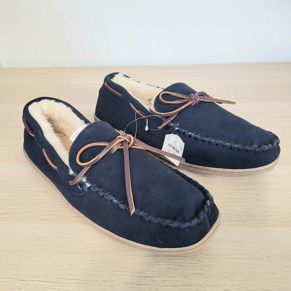 J Crew Mens Sherpa Lined Suede Fuzzy Moccasin Slippers Leather Blue Brown 12 main image 6